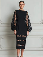 Bateau Neck Floral Lace Balloon Sleeve Sheer-Stripe Hem Bodycon Midi Dress