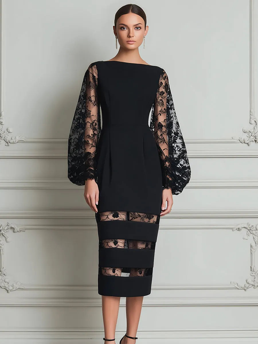 Bateau Neck Floral Lace Balloon Sleeve Sheer-Stripe Hem Bodycon Midi Dress