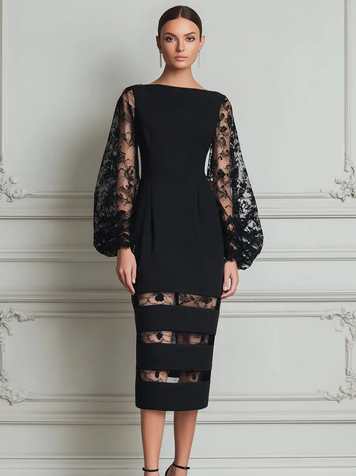 Bateau Neck Floral Lace Balloon Sleeve Sheer-Stripe Hem Bodycon Midi Dress