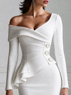 Elegant Off-the-Shoulder Ruffle Peplum Bodycon Midi Dress