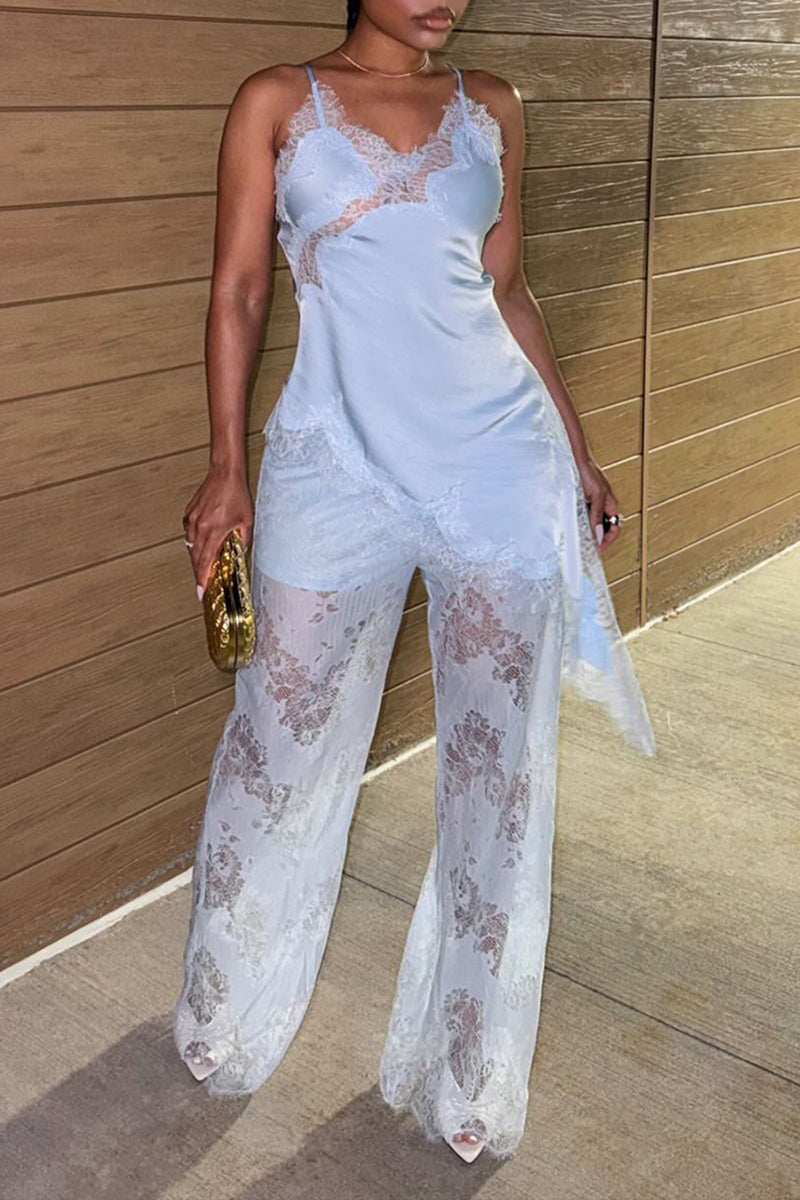 Women's Casual Lace Patchwork Vest Pants Sheer Two-Piece Set