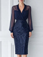 Sheer Chiffon Blouse & Sequin Midi Skirt Two-Piece Set