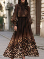 Puff Sleeves Leopard Print Chiffon Flowing Maxi Dress