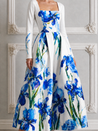 White Watercolor Blue Iris Print Square Neck Long Sleeve A-Line Maxi Dress