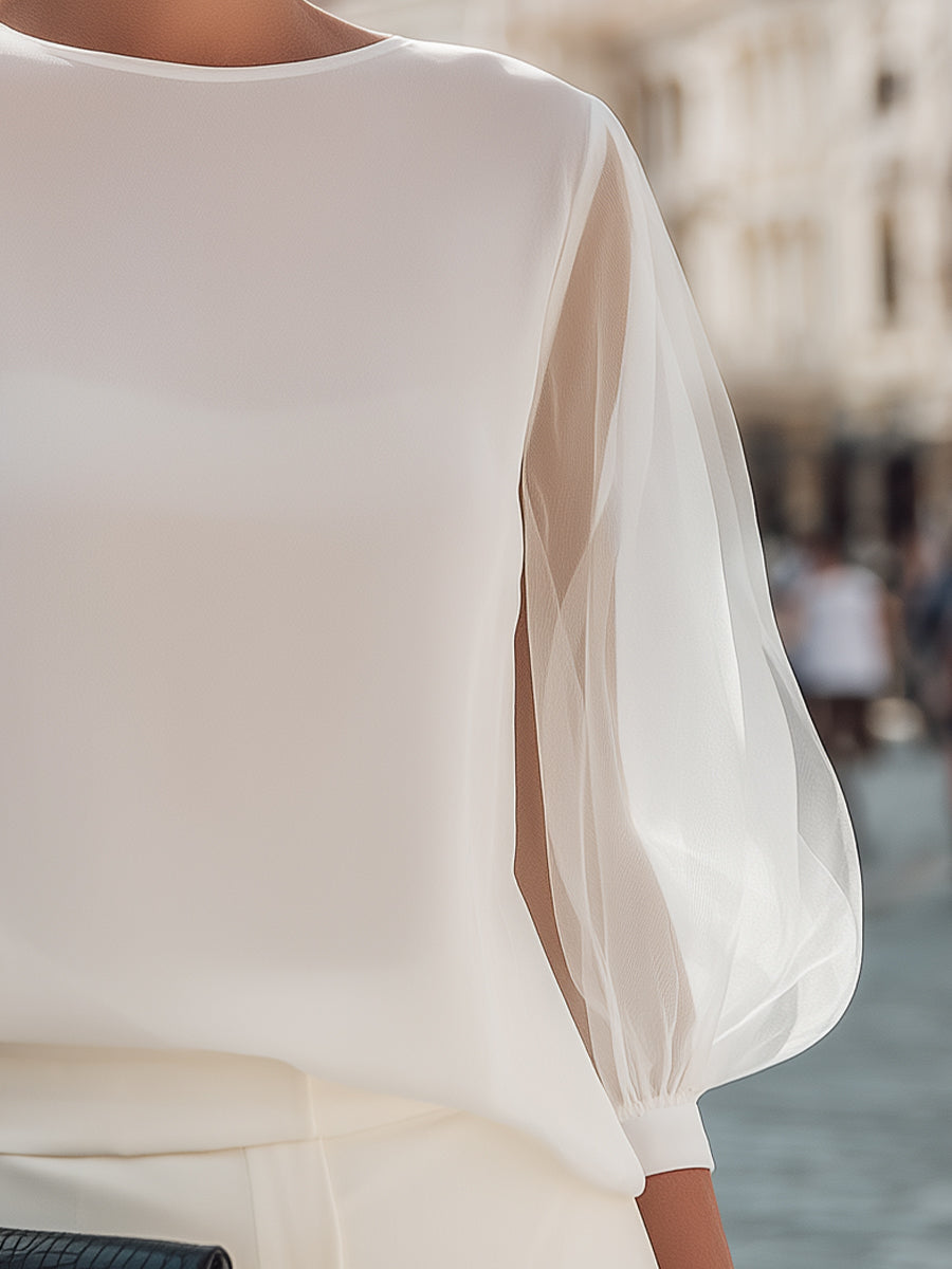 Sheer Sleeve Round Neck Blouse With Soft Volume