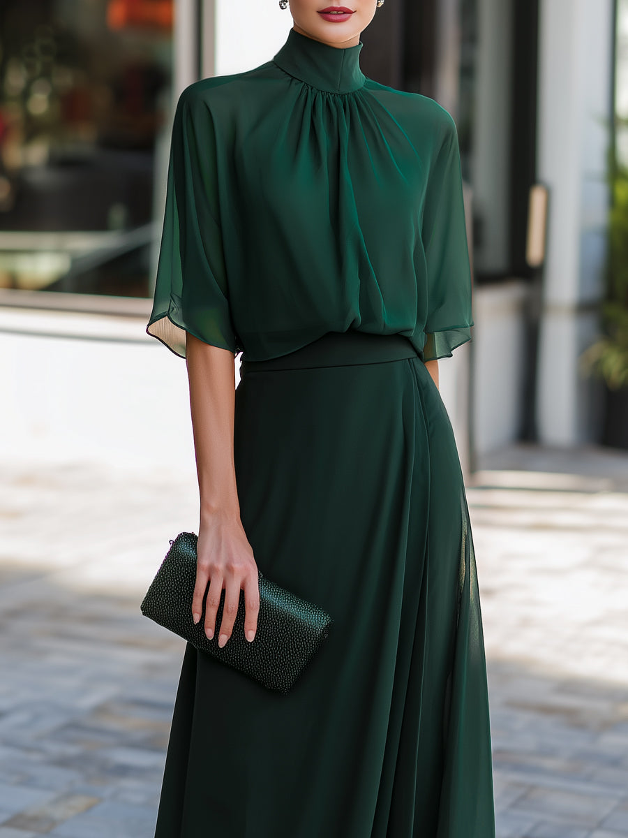 Gathered Neck Chiffon Blouse And Pleated Maxi Skirt Set