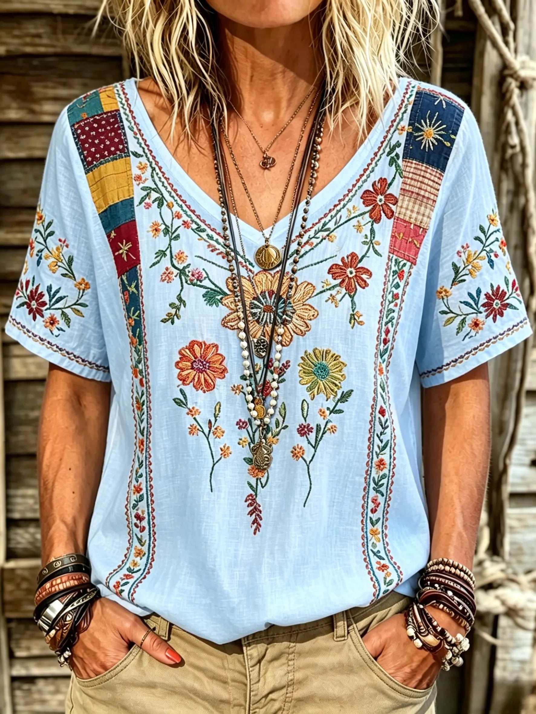 Women's Vintage Floral Print V-Neck Short Sleeve Casual Tee