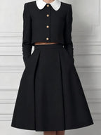 Black Contrast White Peter Pan Collar Cropped Jacket & High Waist A-Line Midi Skirt Two-Piece Set