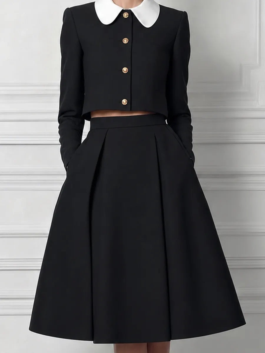 Black Contrast White Peter Pan Collar Cropped Jacket & High Waist A-Line Midi Skirt Two-Piece Set