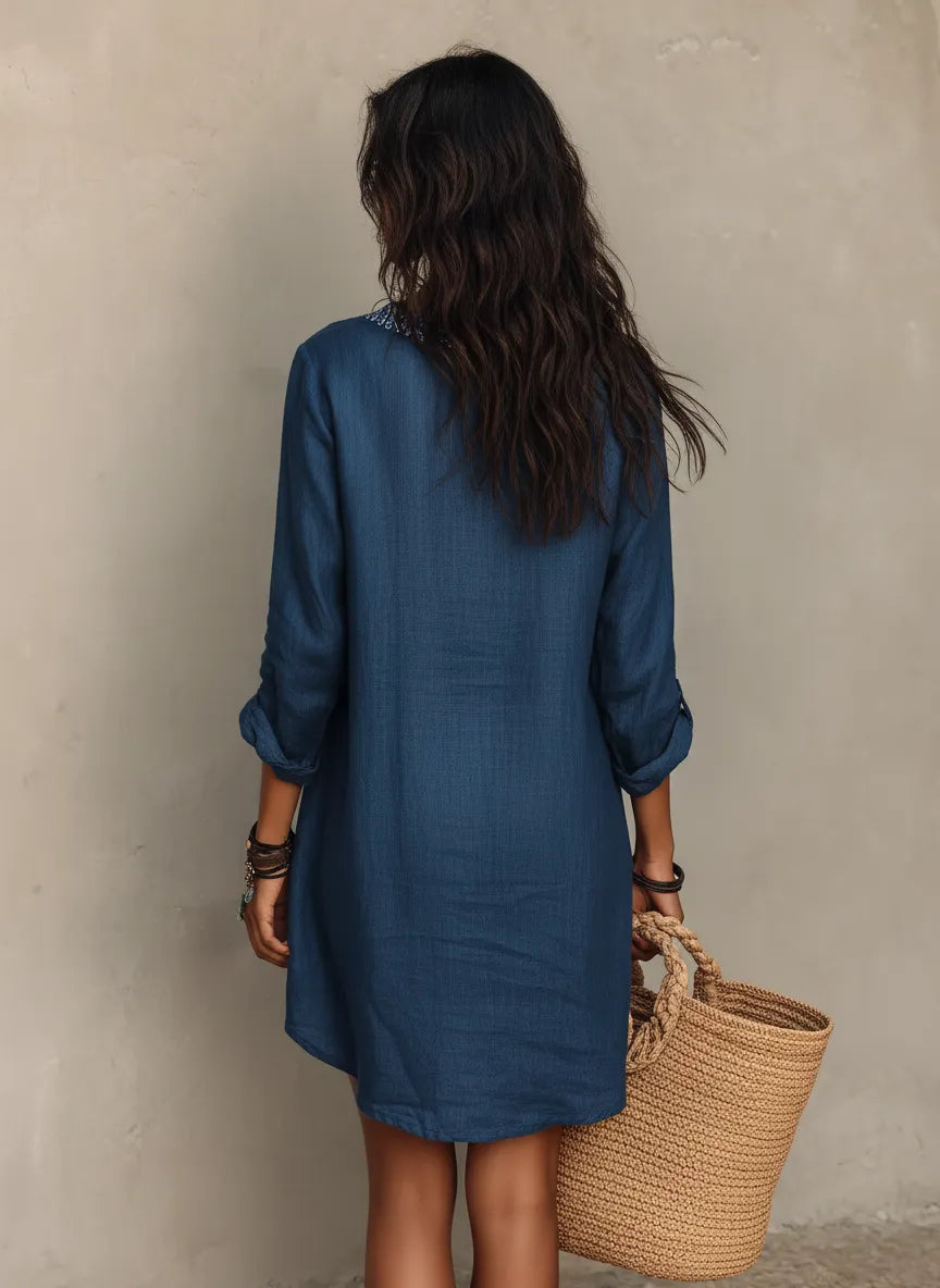 Women's Minimalist Linen-Blend V-Neck Embroidered Long-Sleeve Mini Dress