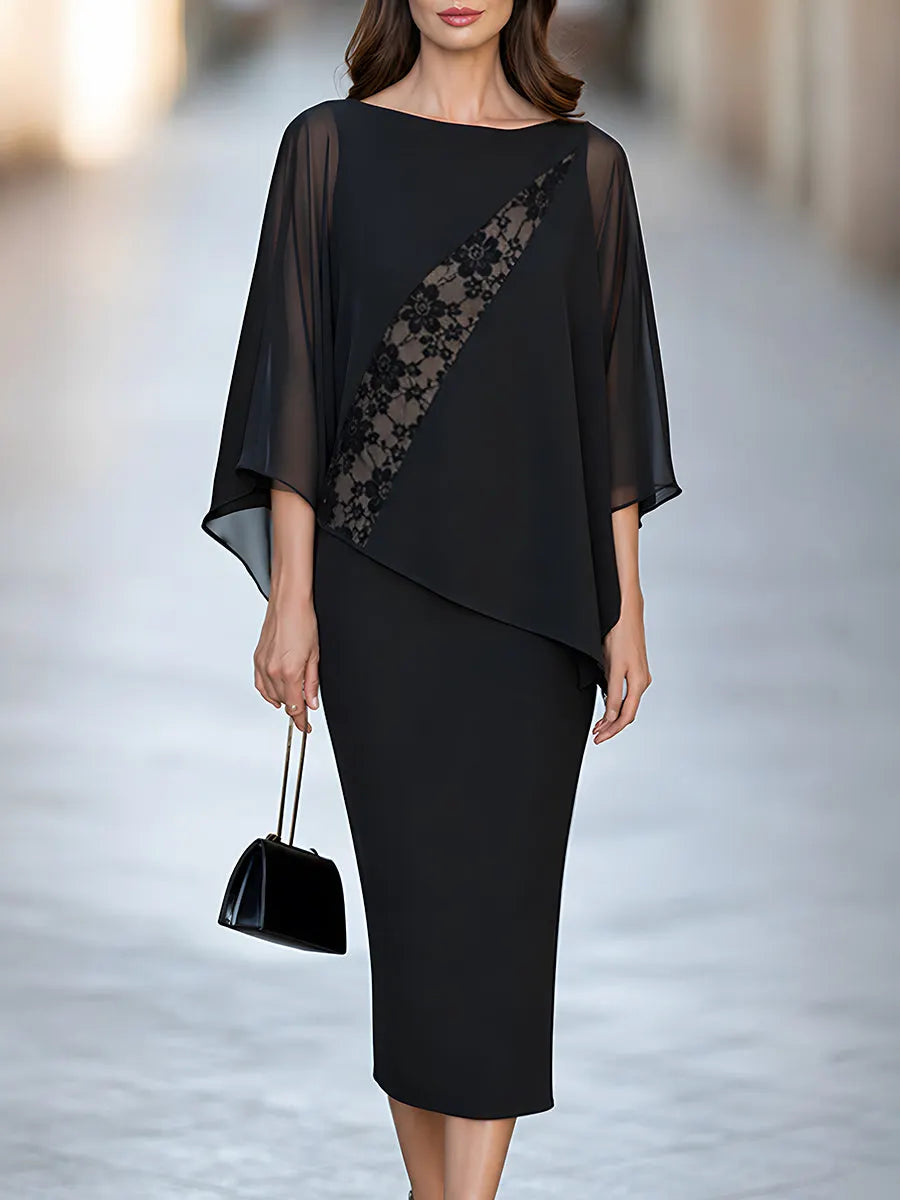 Elegant Chiffon & Lace-Inset Cape-Style Two-Piece Set