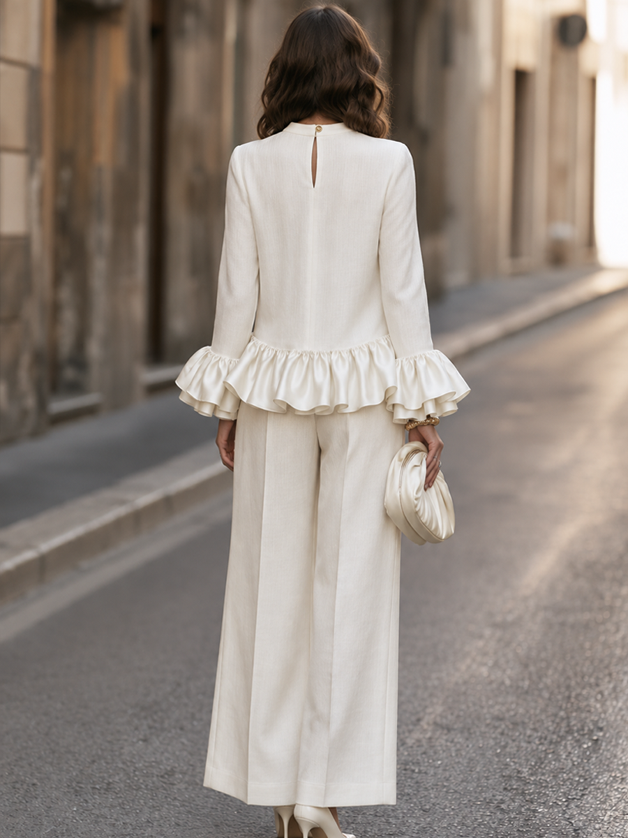 Ruffle-Hem Long-Sleeve Top And Wide-Leg Pants Set