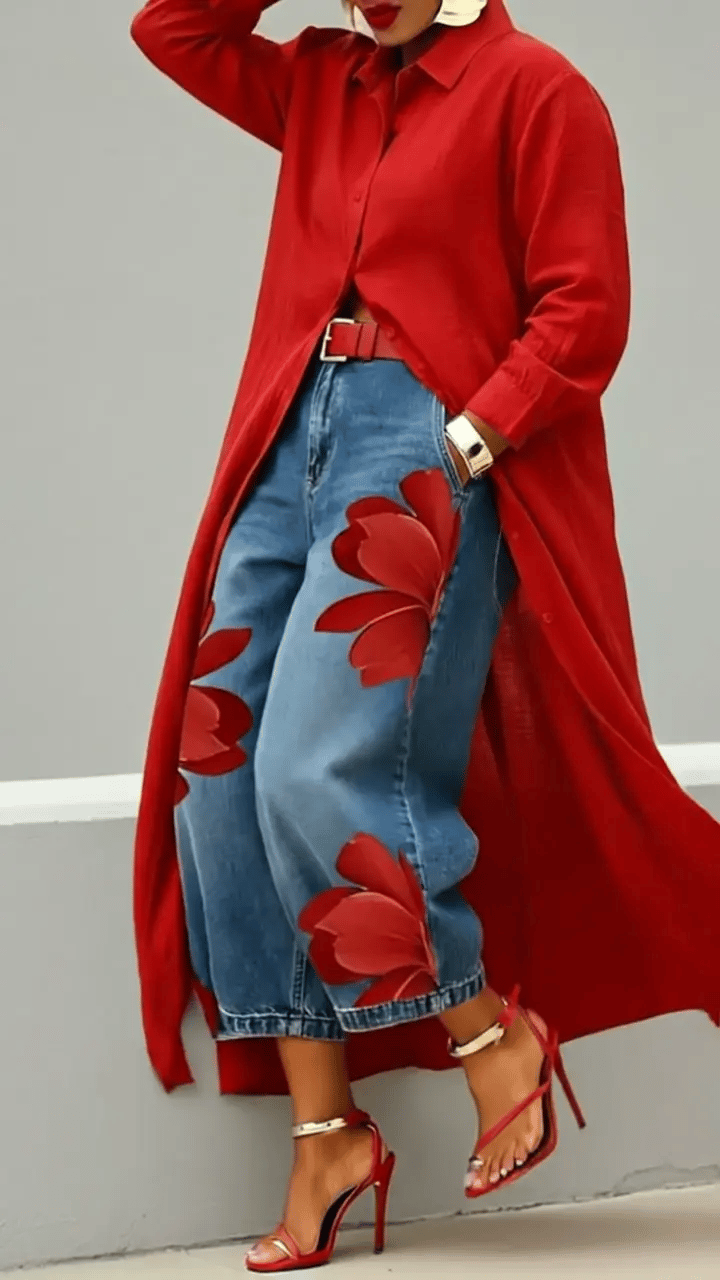 Women's Flowers Print Casual Loose Wide-leg Denim Pants
