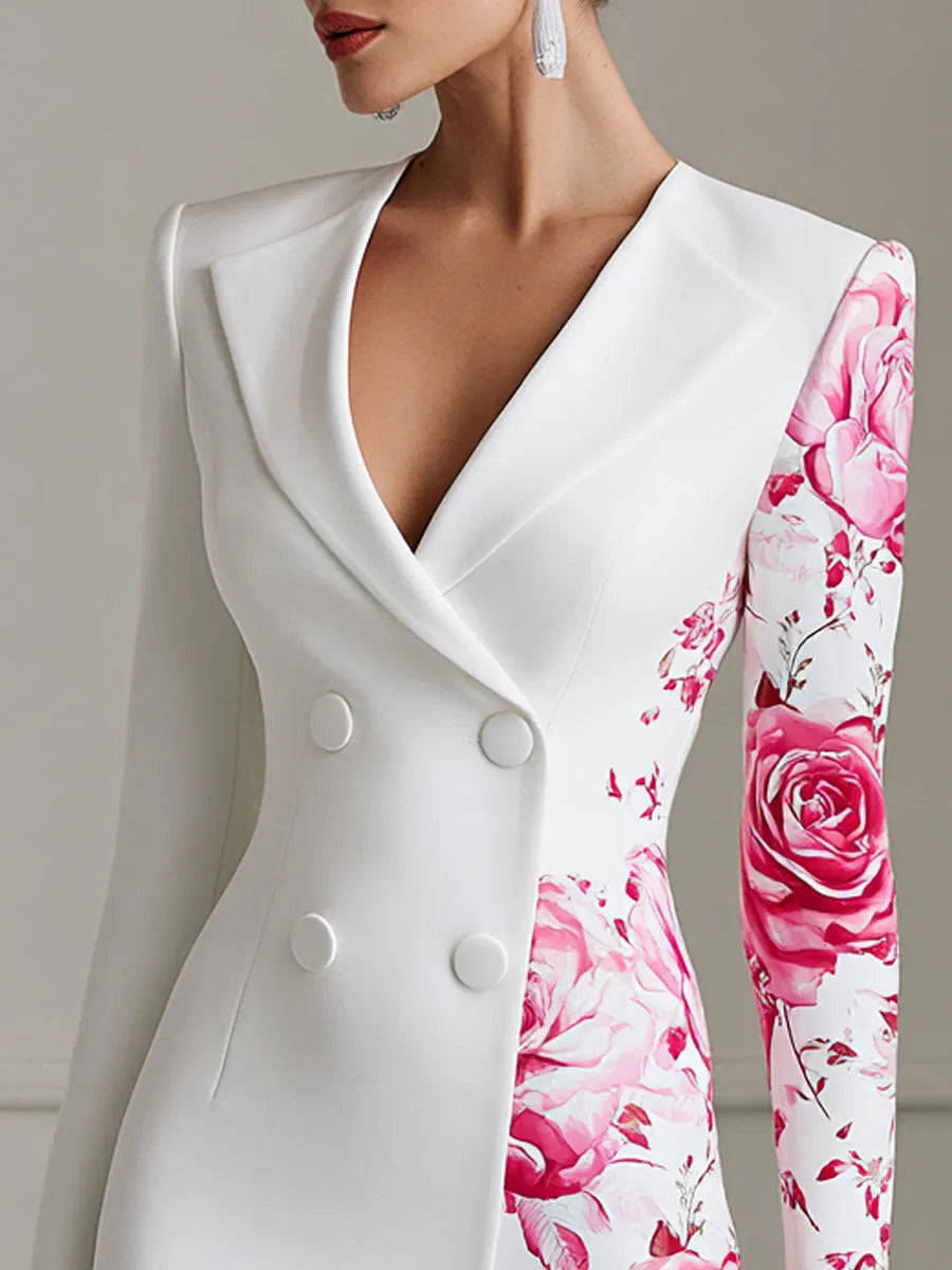 Asymmetric Floral Print Double Breasted Blazer Midi Dress