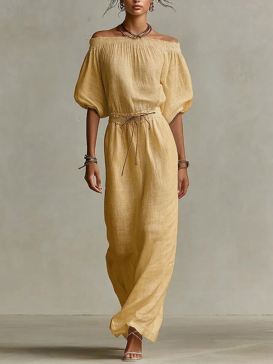 Women's Solid-color Off-the-shoulder 3/4-sleeve Casual Loose Cotton-linen Dress