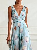 Light Blue Floral Print Chiffon V-neck Sleeveless Maxi Dress