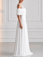 Elegant Mesh Off-Shoulder Draped Maxi Evening Gown