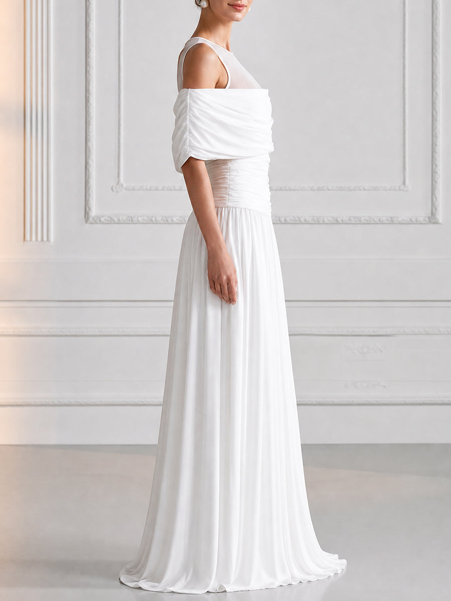Elegant Mesh Off-Shoulder Draped Maxi Evening Gown