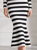 Striped Ribbed Knit Polo-Collar Mermaid Midi Dress