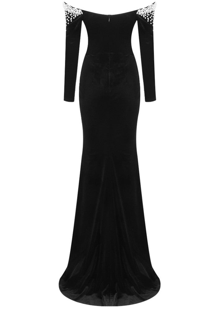 Long Sleeve Bardot Pearl Maxi Velvet Dress Black