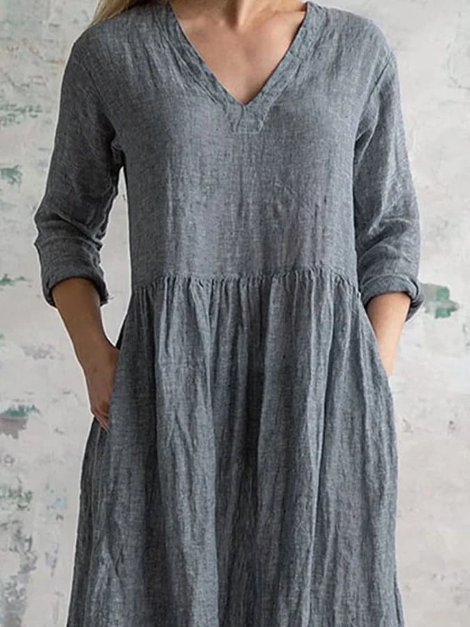 V-Neck Solid Color Vintage Dress