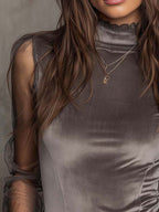 Velvet Mesh Panel High-Neck Top ¨C Graphite Grey