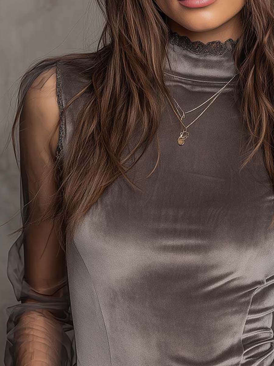 Velvet Mesh Panel High-Neck Top ¨C Graphite Grey