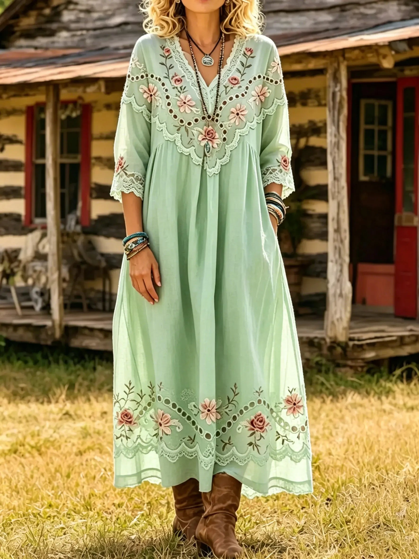 Women's Rose Floral Print 3/4 Sleeve Pocket Dress