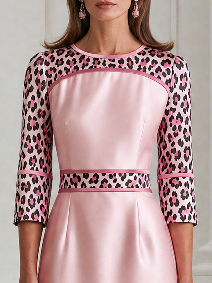 Elegant Leopard Print Panel Contrast Trim A-Line Midi Dress