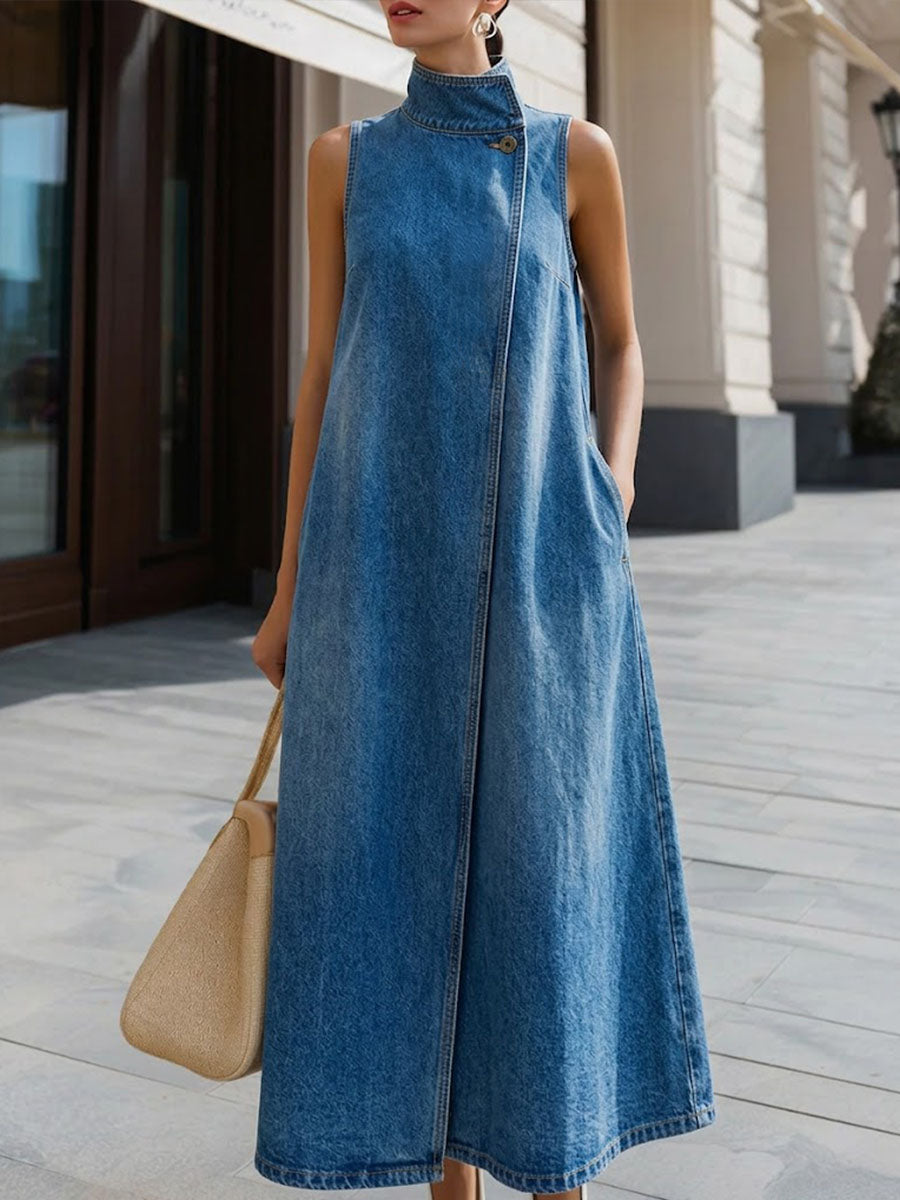 Women's Stand-collar Sleeveless Loose-fit Casual Denim Dress