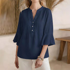 Women's Solid Color V Neck Short Sleeve Linen Blend Shirt