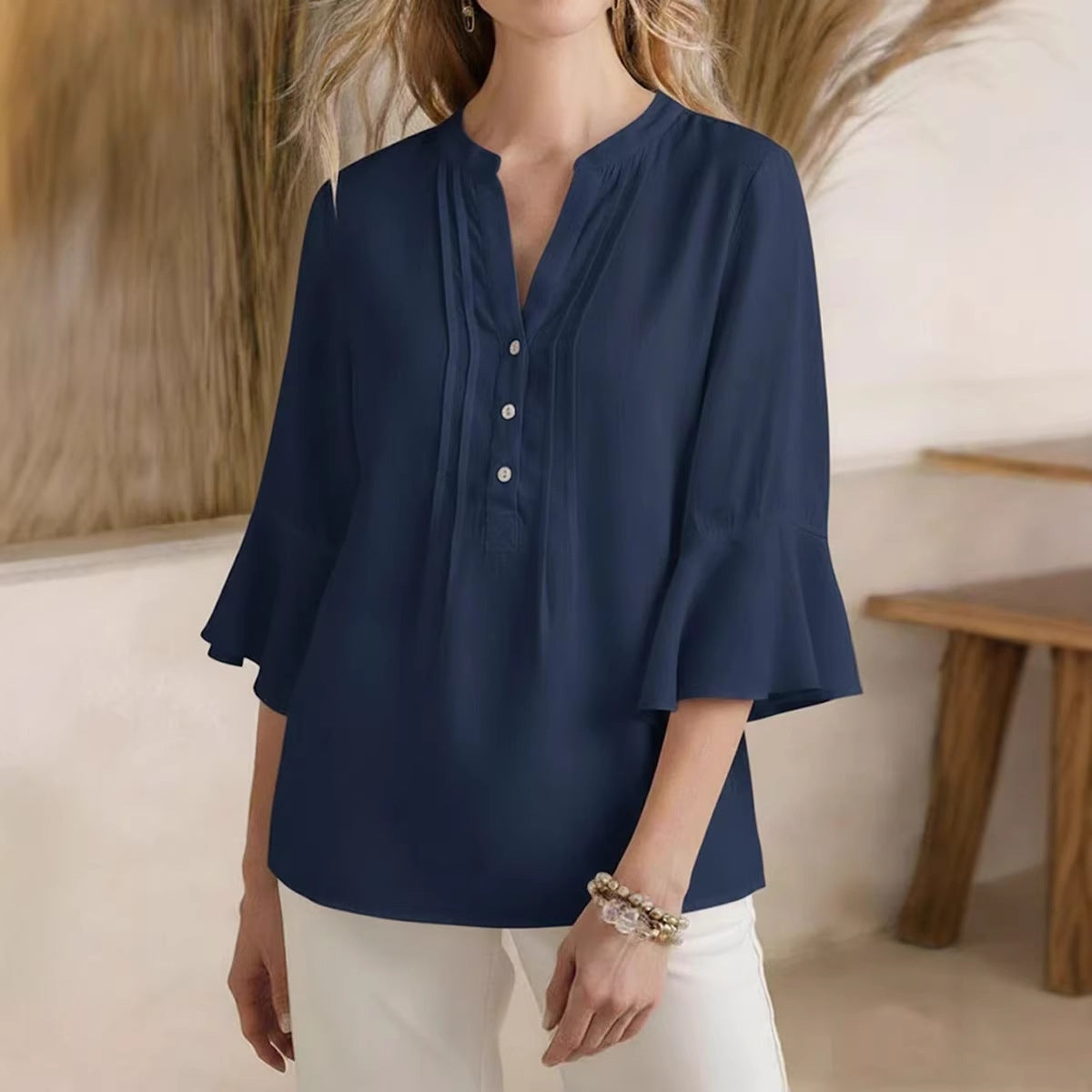 Women's Solid Color V Neck Short Sleeve Linen Blend Shirt