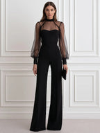 Elegant Mesh Sheer Long Sleeve High Neck Wide Leg Jumpsuit