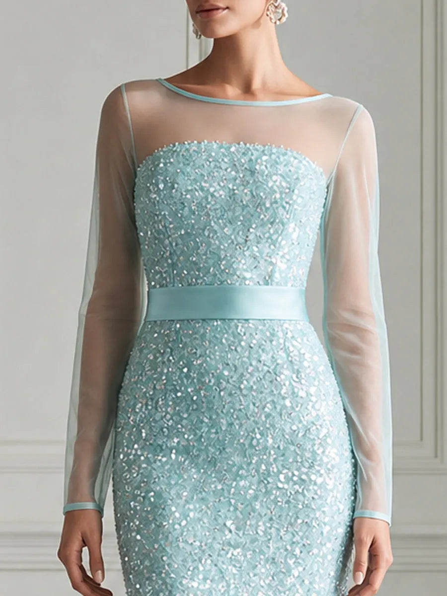 Light Ice Blue Illusion Sequin Mesh Bodycon Midi Dress