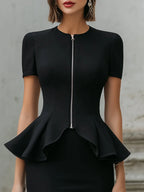 Zip Front Peplum Top & Pencil Skirt Tailored Set