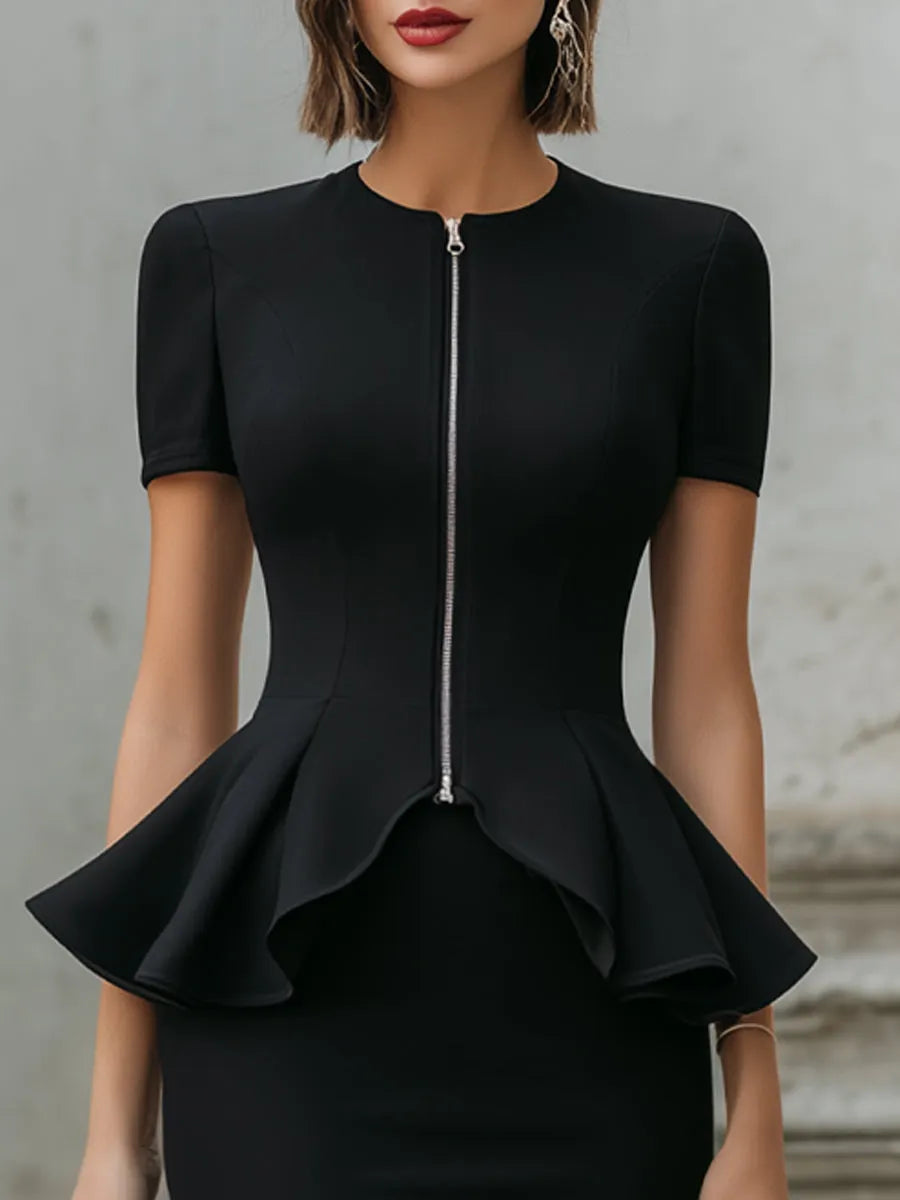 Zip Front Peplum Top & Pencil Skirt Tailored Set