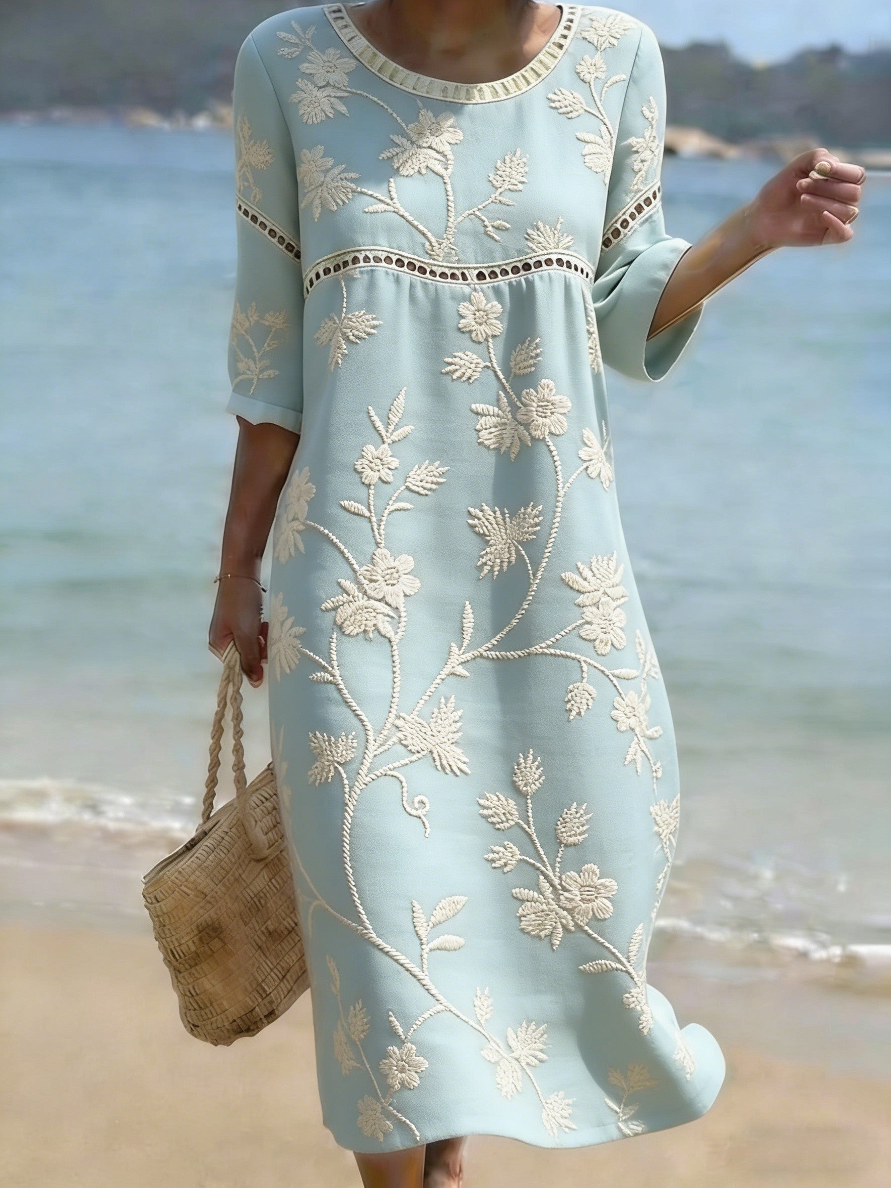 Women's Folk Flowers Print Crew Neck Cotton Pocket Dress