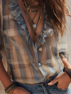 Retro Plaid Chiffon Blouse With Half Sleeves And Ruffle Details