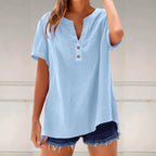 Solid Color Linen Blended V-neck Loose Blouse