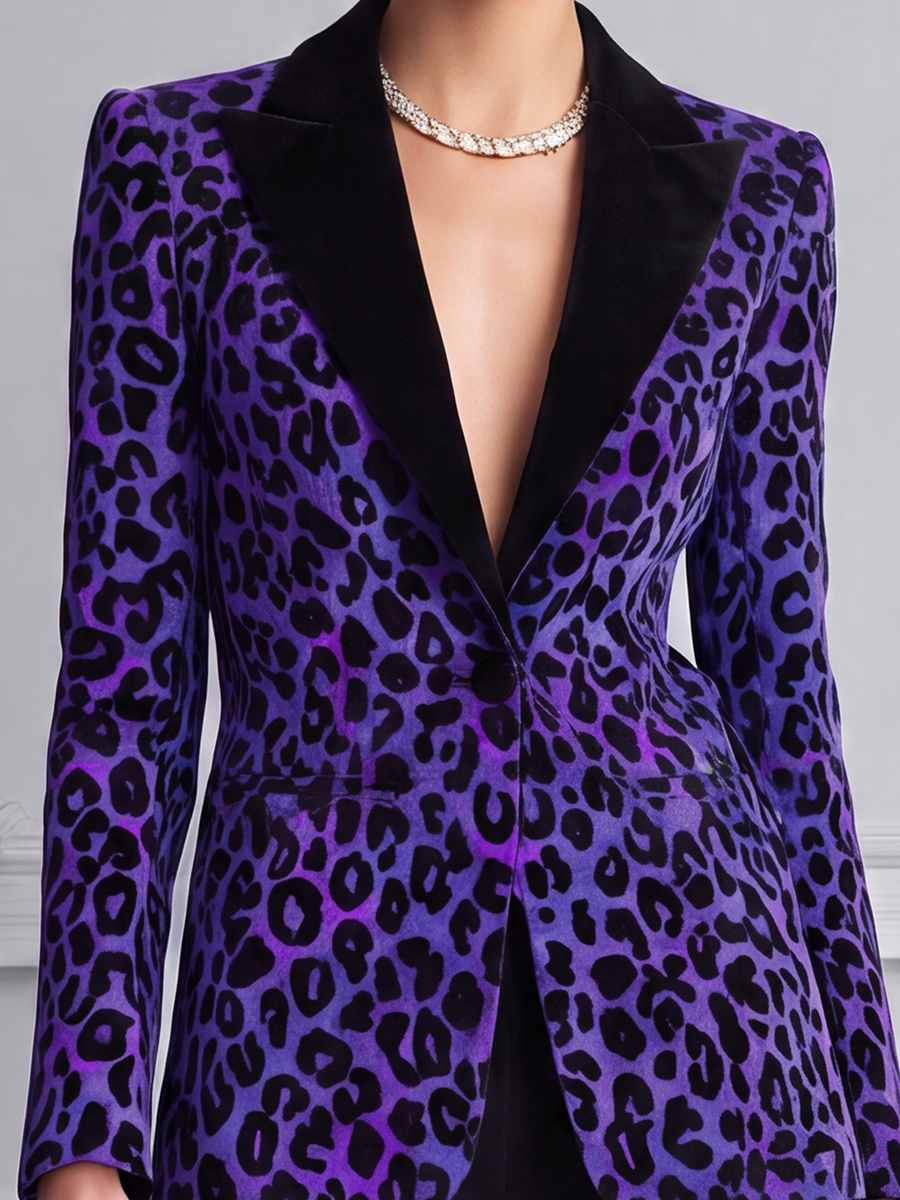 Purple Leopard Velvet Peak Lapel Tailored Blazer