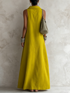 Lemon Yellow Cotton-Blend Cowl Neck Sleeveless Loose Maxi Dress