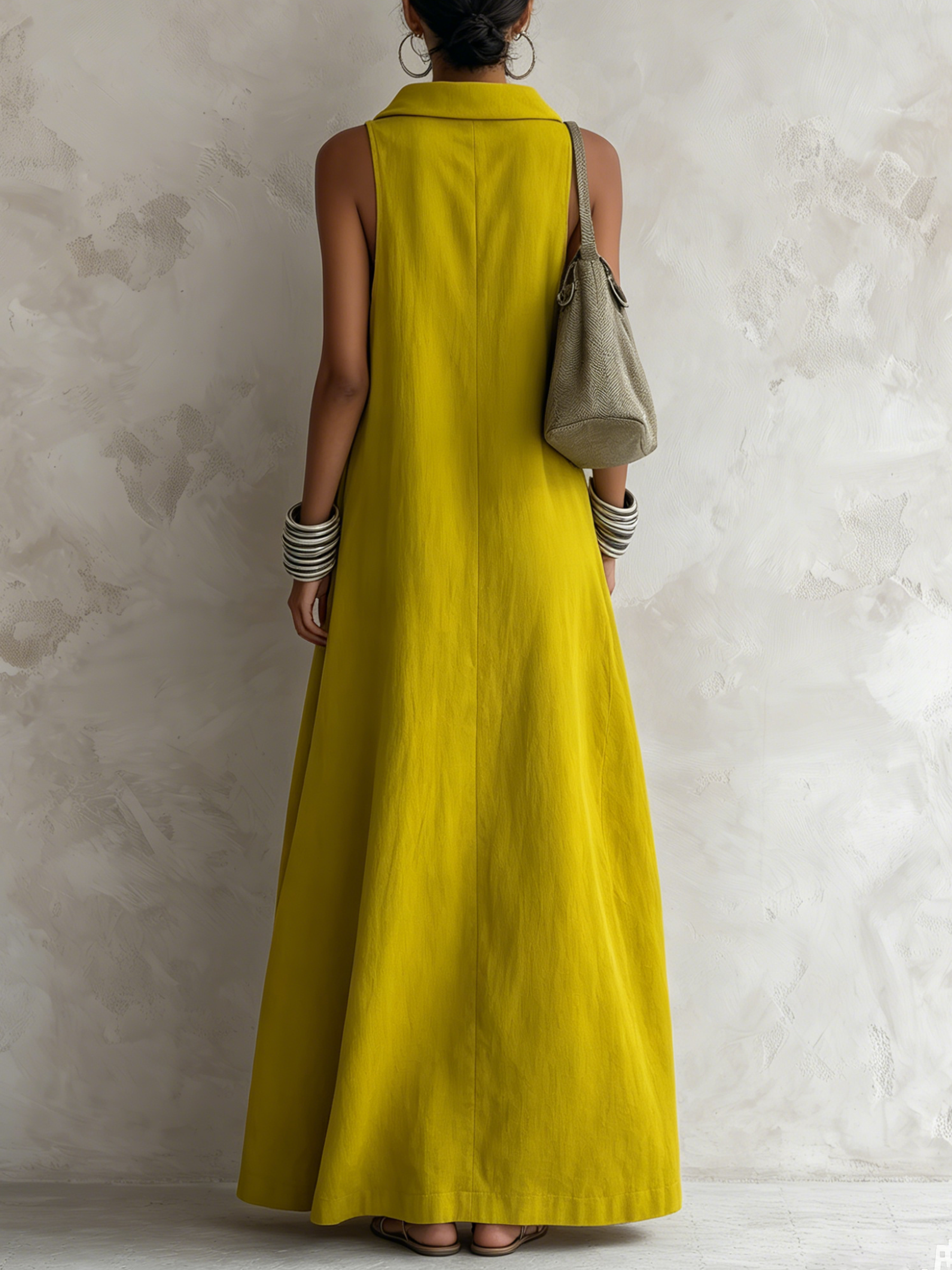 Lemon Yellow Cotton-Blend Cowl Neck Sleeveless Loose Maxi Dress