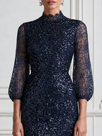 Sequin Lace Mock Neck Sheer Sleeves Midi Dress