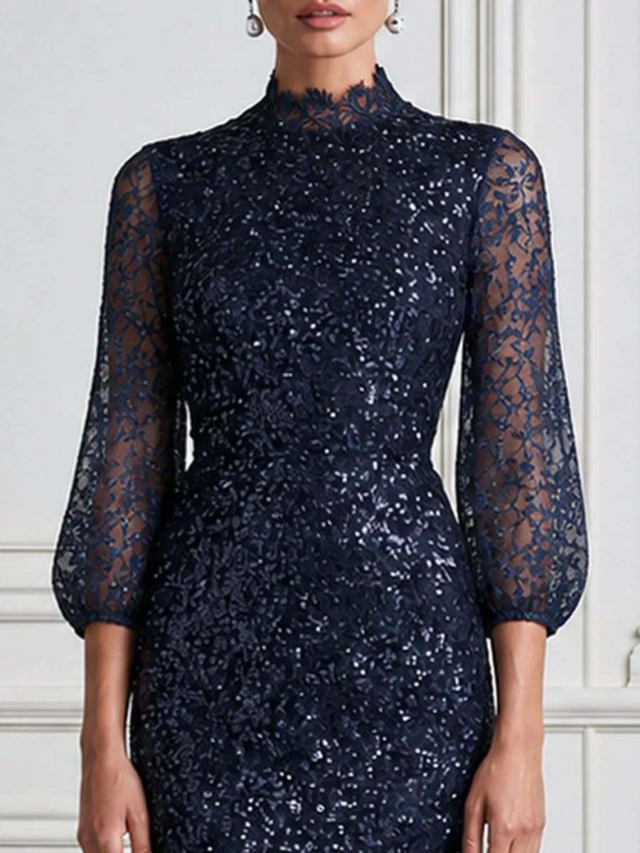 Sequin Lace Mock Neck Sheer Sleeves Midi Dress