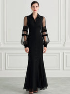 Collared Sheer Striped Mesh Puff Sleeve Fishtail Mermaid Maxi Dress
