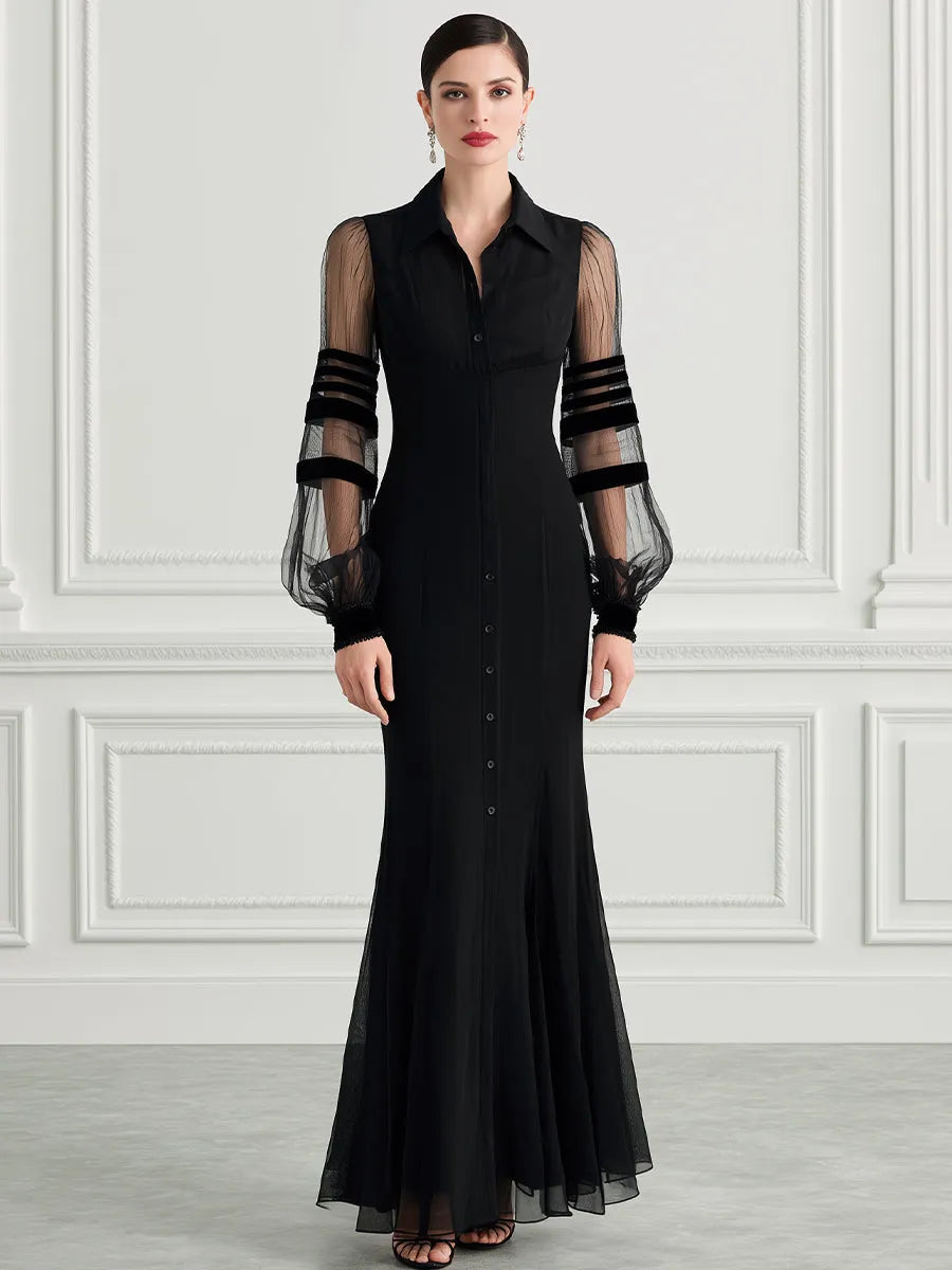 Collared Sheer Striped Mesh Puff Sleeve Fishtail Mermaid Maxi Dress