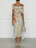Blue Floral The Shoulder Sleeveless Mermaid Midi Dress