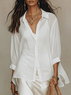 White Button-down Shirt And Satin Slip Dress Two-piece Set