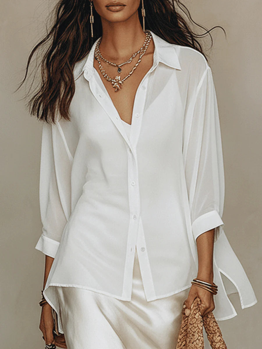 White Button-down Shirt And Satin Slip Dress Two-piece Set