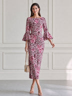Pink Leopard & Peony Print Bell Sleeve Bodycon Midi Dress